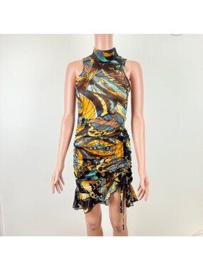 Women's WIN WIN Sheer Abstract Print Asymmetric Ruched Mini Dress NWT Size S